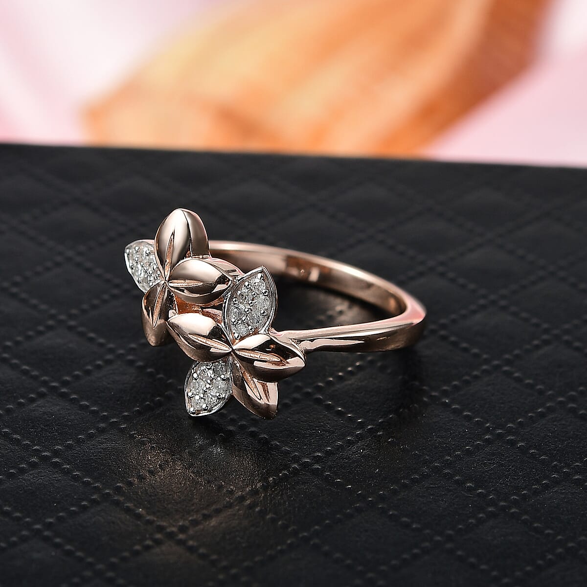 D'Joy Diamond 0.10 ctw Floral Ring in 18K Vermeil Rose Gold Over Sterling Silver (Size 7.0) image number 1