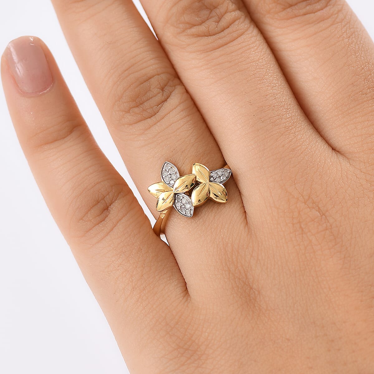 D'Joy Diamond 0.10 ctw Floral Ring in 18K Vermeil Yellow Gold Over Sterling Silver (Size 6.0) image number 2