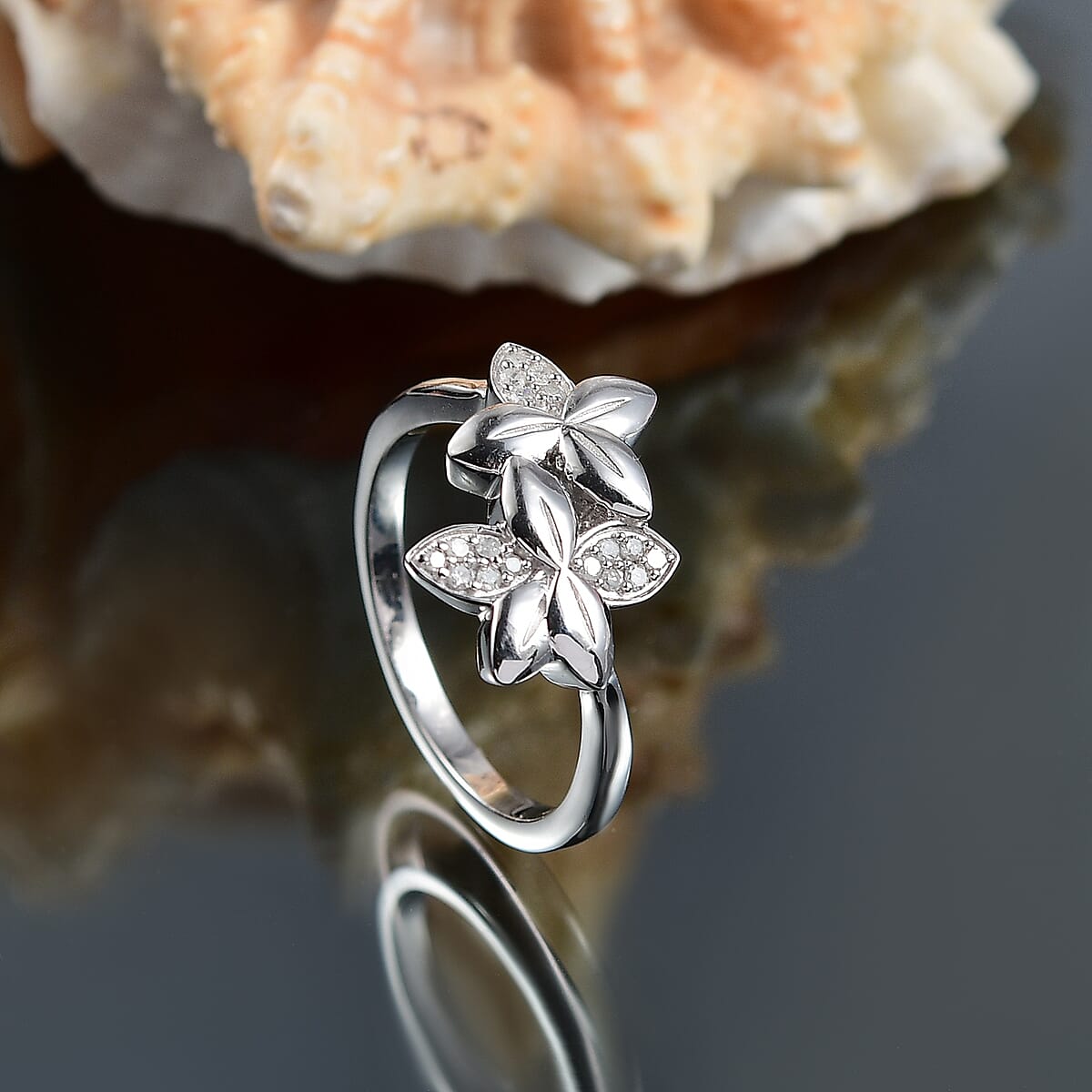 D'Joy Diamond 0.10 ctw Floral Ring in Rhodium Over Sterling Silver (Size 7.0) image number 1