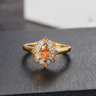 D'Joy Tanzanian Mandarin Garnet and Moissanite 0.85 ctw Sunflare Bloom Ring in 18K Vermeil Yellow Gold Over Sterling Silver (Size 10.0)