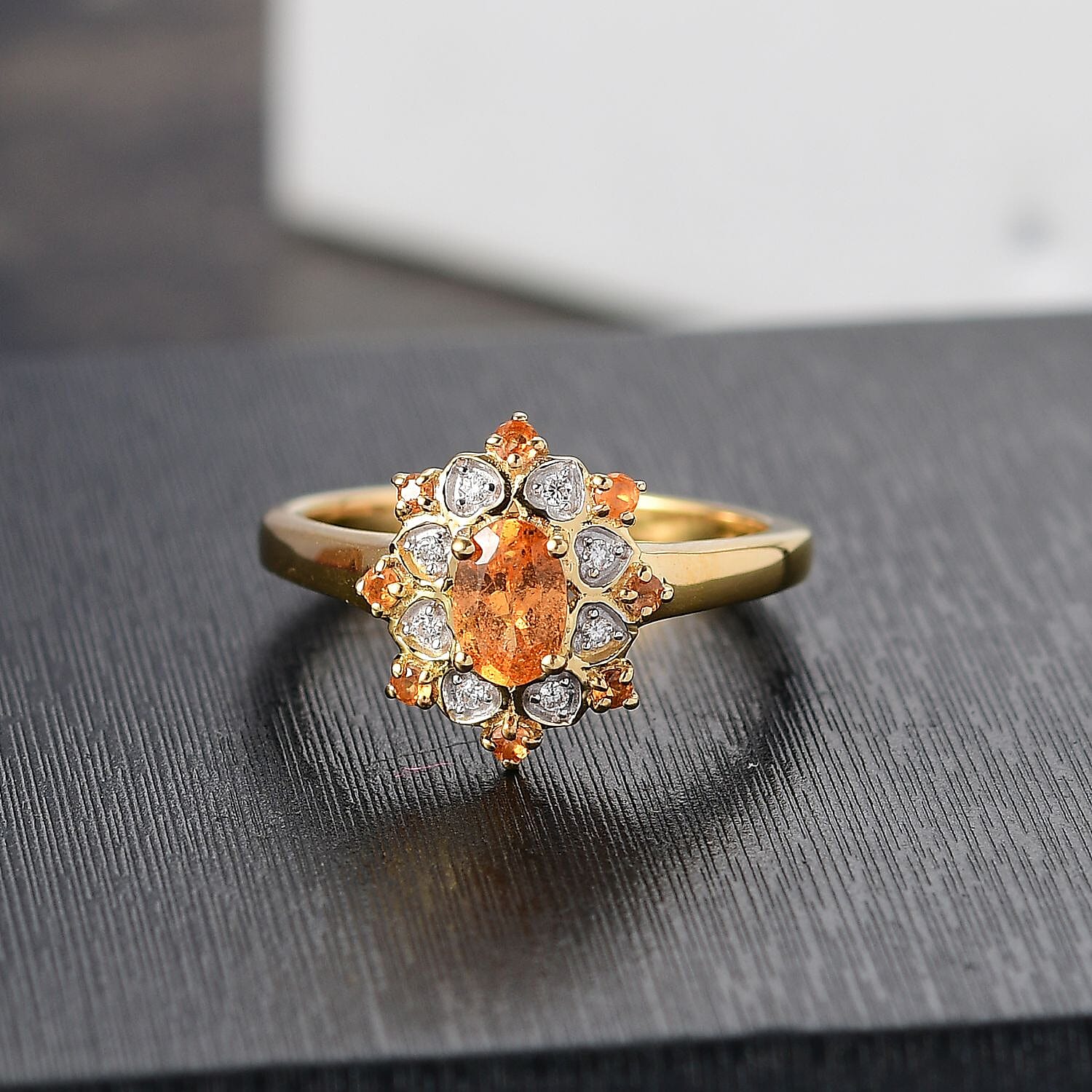 D'Joy Tanzanian Mandarin Garnet and Moissanite 0.85 ctw Sunflare Bloom Ring in 18K Vermeil Yellow Gold Over Sterling Silver (Size 6.0)
