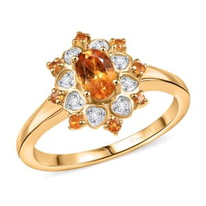 D'Joy Tanzanian Mandarin Garnet and Moissanite 0.85 ctw Sunflare Bloom Ring in 18K Vermeil Yellow Gold Over Sterling Silver (Size 7.0)