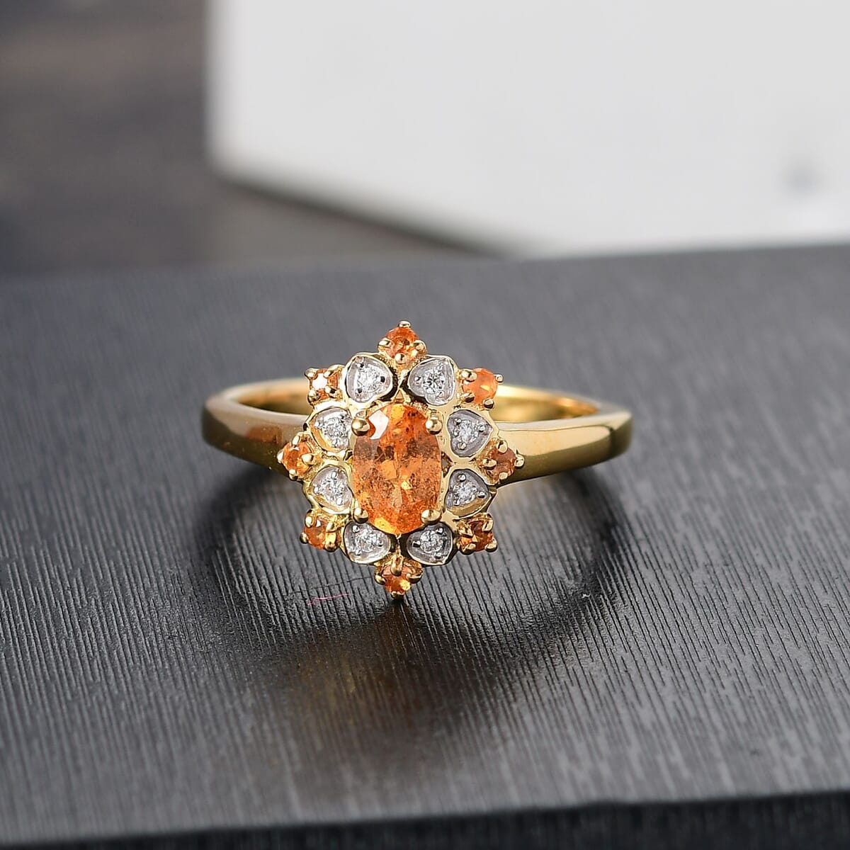 D'Joy Tanzanian Mandarin Garnet and Moissanite 0.85 ctw Sunflare Bloom Ring in 18K Vermeil Yellow Gold Over Sterling Silver (Size 7.0) image number 1