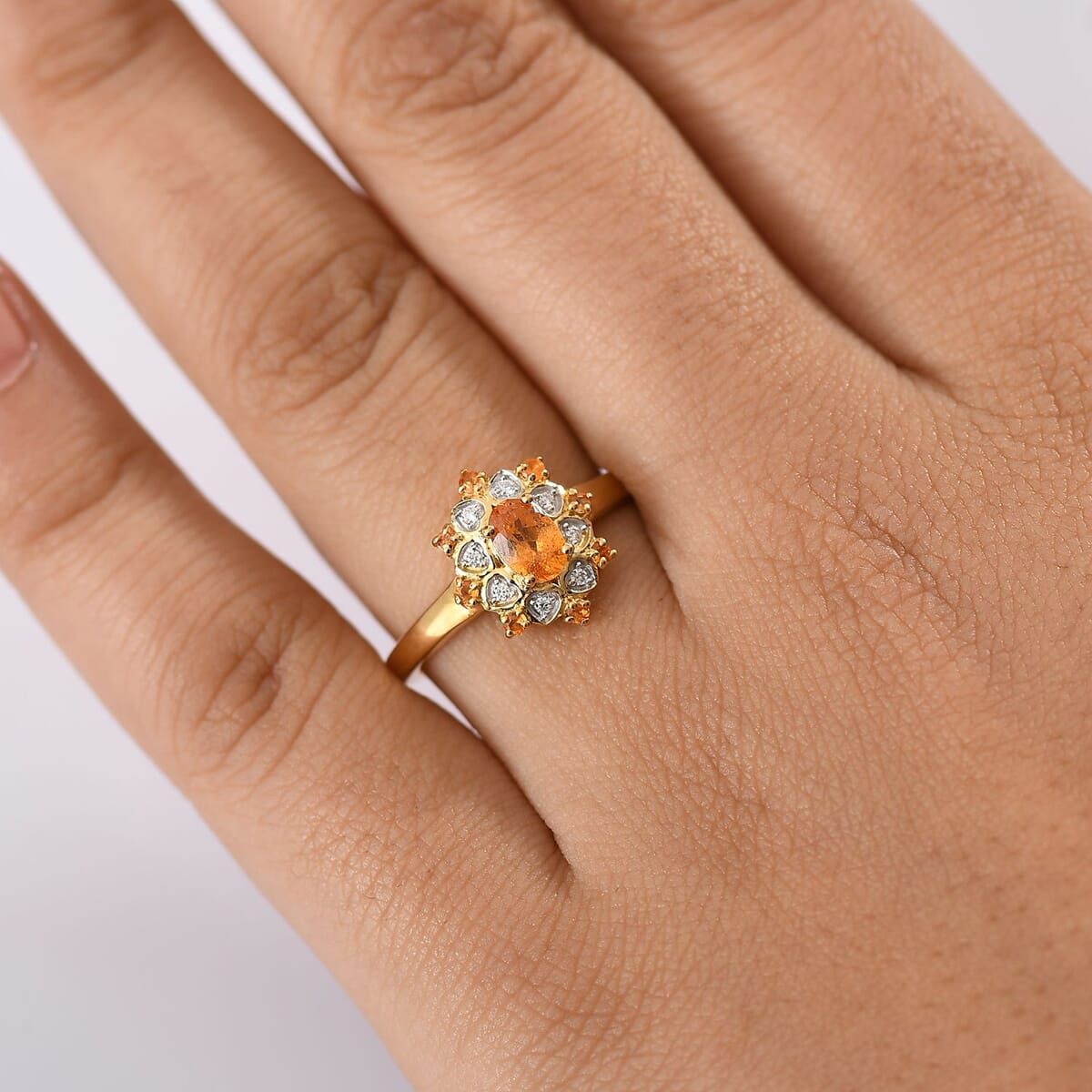 D'Joy Tanzanian Mandarin Garnet, Moissanite Sunflare Bloom Ring in 18K Vermeil YG Over Sterling Silver (Size 8.0) 0.85 ctw image number 2