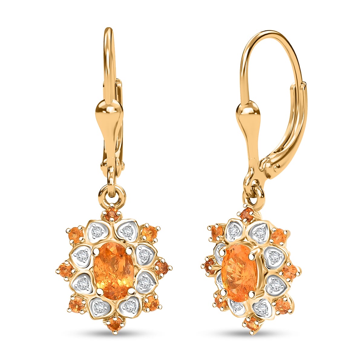 D'Joy Tanzanian Mandarin Garnet and Moissanite 1.65 ctw Sunflare Bloom Lever Back Earrings in 18K Vermeil Yellow Gold Over Sterling Silver image number 0