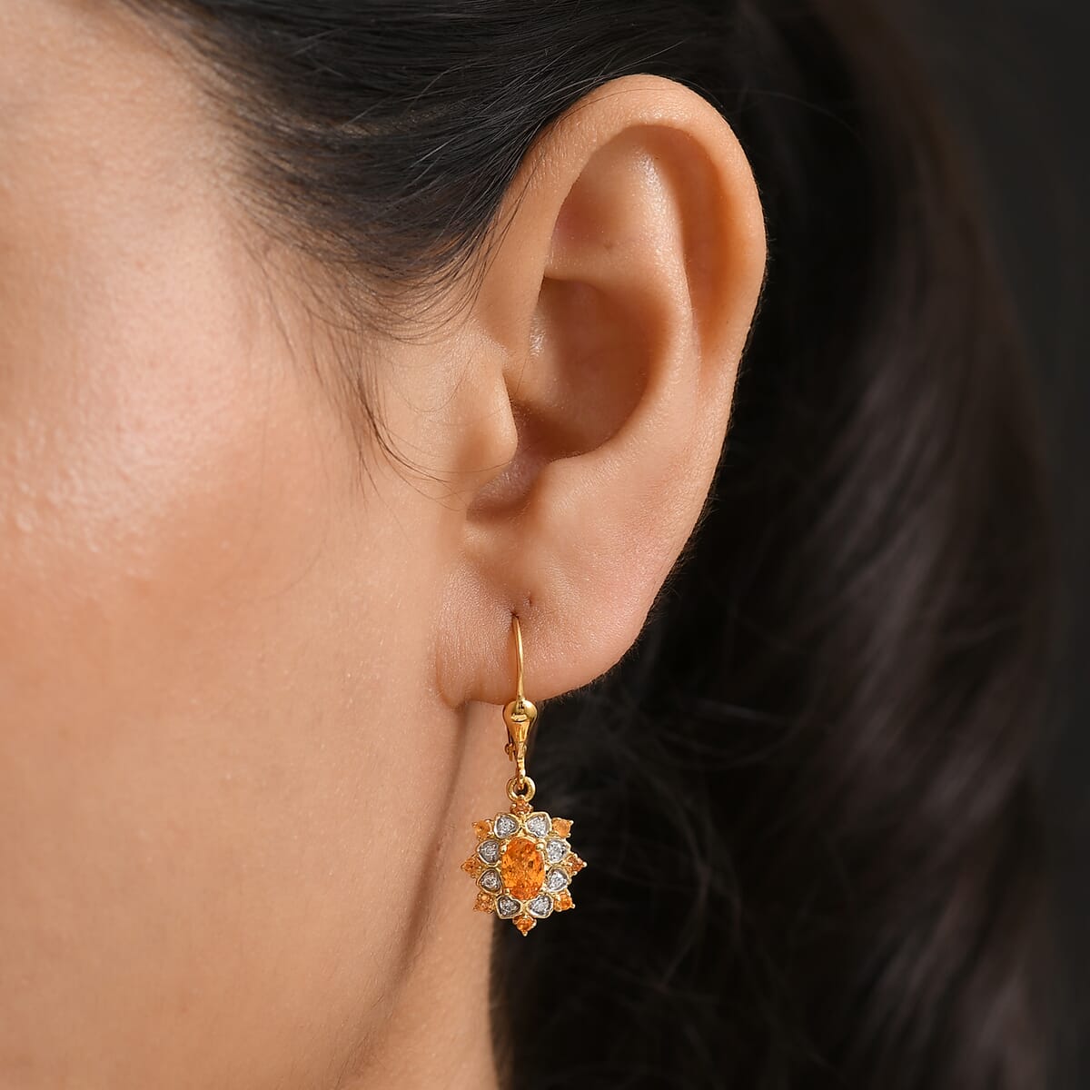 D'Joy Tanzanian Mandarin Garnet and Moissanite 1.65 ctw Sunflare Bloom Lever Back Earrings in 18K Vermeil Yellow Gold Over Sterling Silver image number 2