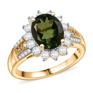 D'Joy Bohemian Moldavite, Moissanite and Natural Yellow Diamond 2.90 ctw Forest Halo Ring in 18K Vermeil Yellow Gold Over Sterling Silver (Size 10.0)