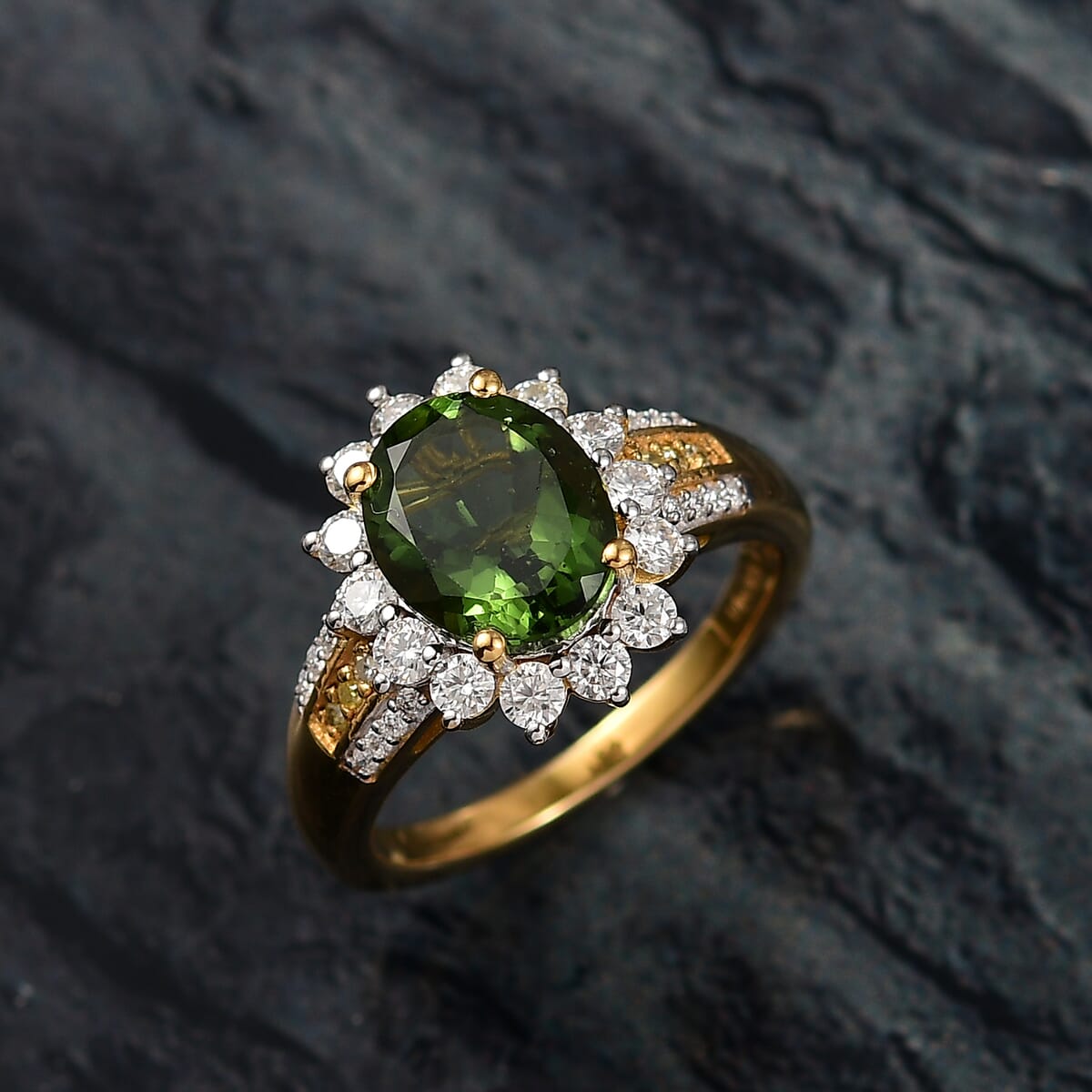 D'Joy Bohemian Moldavite, Moissanite and Natural Yellow Diamond 2.90 ctw Forest Halo Ring in 18K Vermeil Yellow Gold Over Sterling Silver (Size 10.0) image number 1