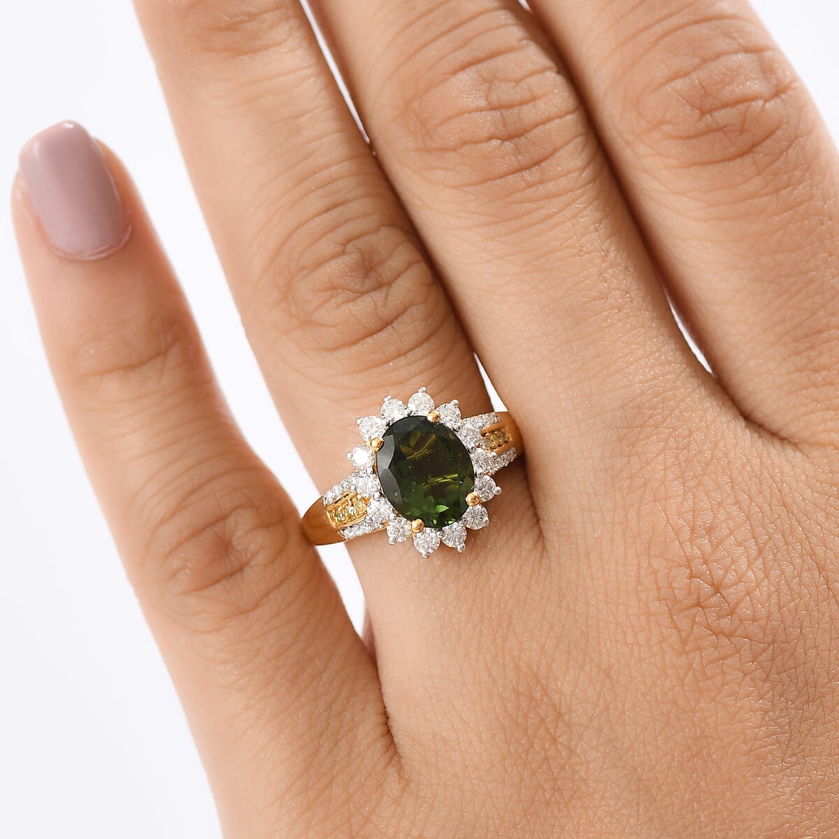 D'Joy Bohemian Moldavite, Moissanite and Natural Yellow Diamond 2.90 ctw Forest Halo Ring in 18K Vermeil Yellow Gold Over Sterling Silver (Size 10.0) image number 2