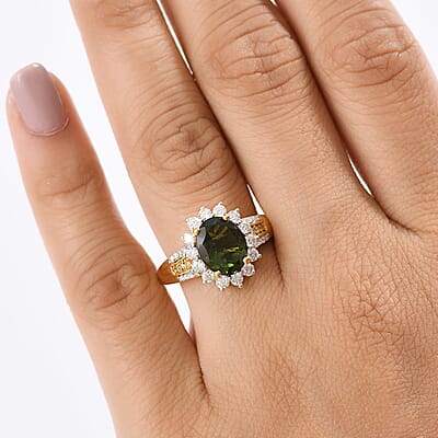 D'Joy Bohemian Moldavite, Moissanite and Natural Yellow Diamond 2.90 ctw Forest Halo Ring in 18K Vermeil Yellow Gold Over Sterling Silver (Size 10.0)