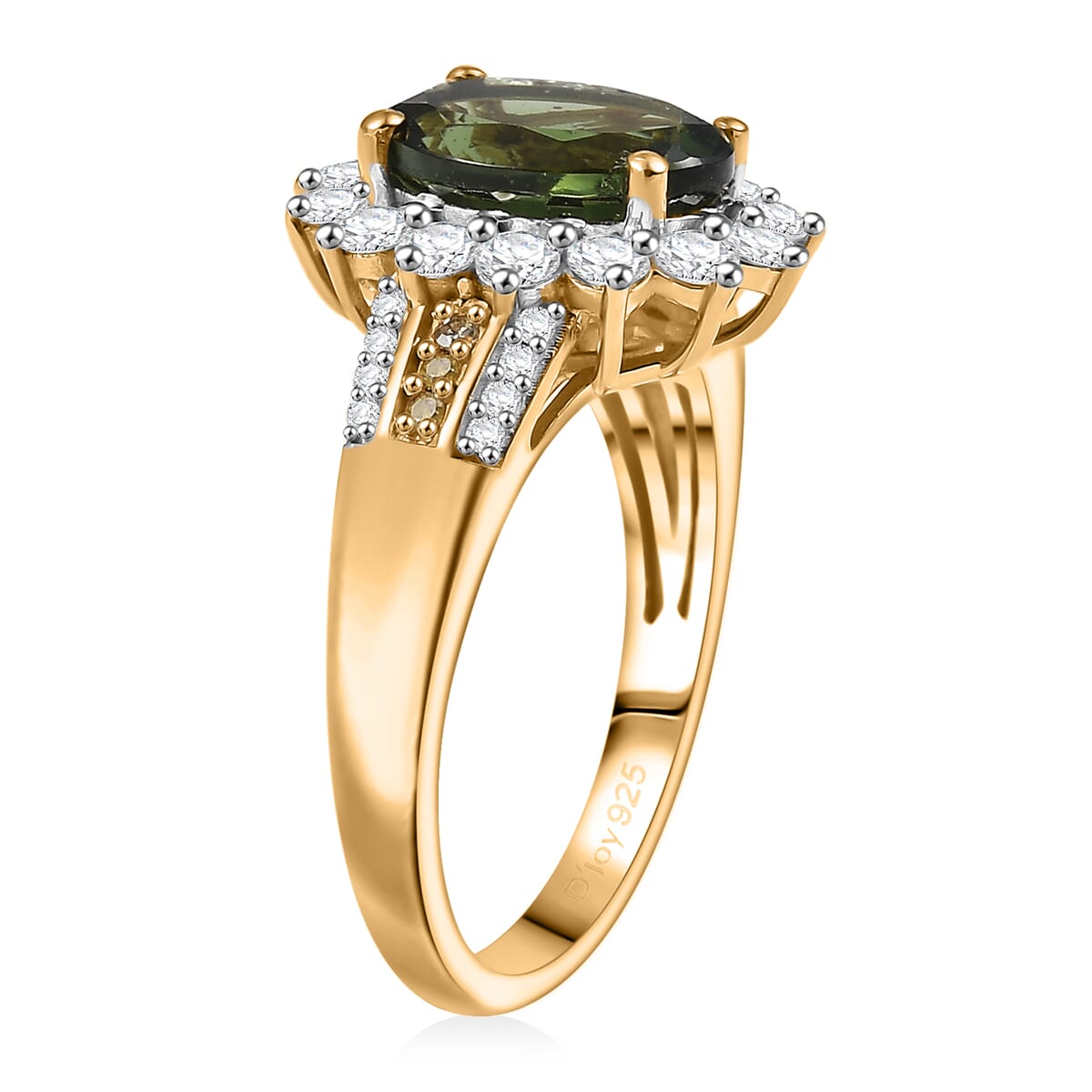 D'Joy Bohemian Moldavite, Moissanite and Natural Yellow Diamond 2.90 ctw Forest Halo Ring in 18K Vermeil Yellow Gold Over Sterling Silver (Size 10.0) image number 3