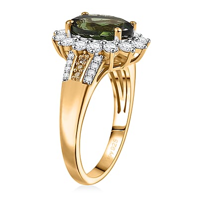 D'Joy Bohemian Moldavite, Moissanite and Natural Yellow Diamond 2.90 ctw Forest Halo Ring in 18K Vermeil Yellow Gold Over Sterling Silver (Size 10.0)