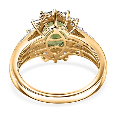 D'Joy Bohemian Moldavite, Moissanite and Natural Yellow Diamond 2.90 ctw Forest Halo Ring in 18K Vermeil Yellow Gold Over Sterling Silver (Size 10.0)