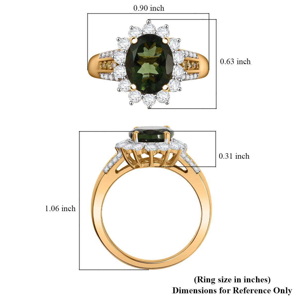 D'Joy Bohemian Moldavite, Moissanite and Natural Yellow Diamond 2.90 ctw Forest Halo Ring in 18K Vermeil Yellow Gold Over Sterling Silver (Size 10.0) image number 5