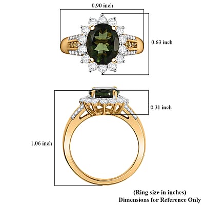 D'Joy Bohemian Moldavite, Moissanite and Natural Yellow Diamond 2.90 ctw Forest Halo Ring in 18K Vermeil Yellow Gold Over Sterling Silver (Size 10.0)