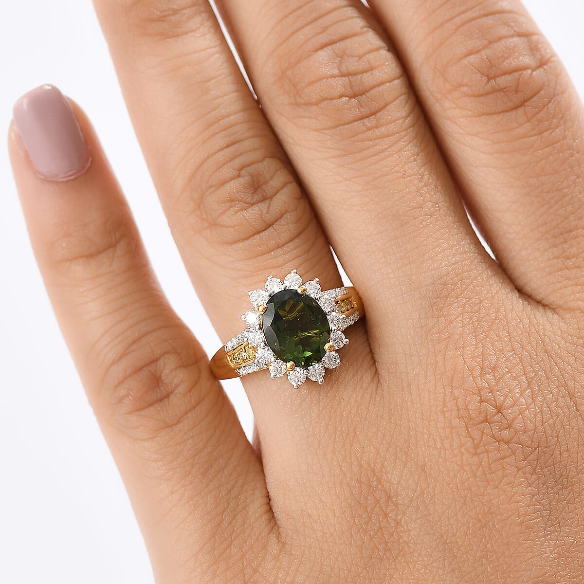 D'Joy Bohemian Moldavite, Moissanite and Natural Yellow Diamond 2.90 ctw Forest Halo Ring in 18K Vermeil Yellow Gold Over Sterling Silver (Size 7.0) image number 2