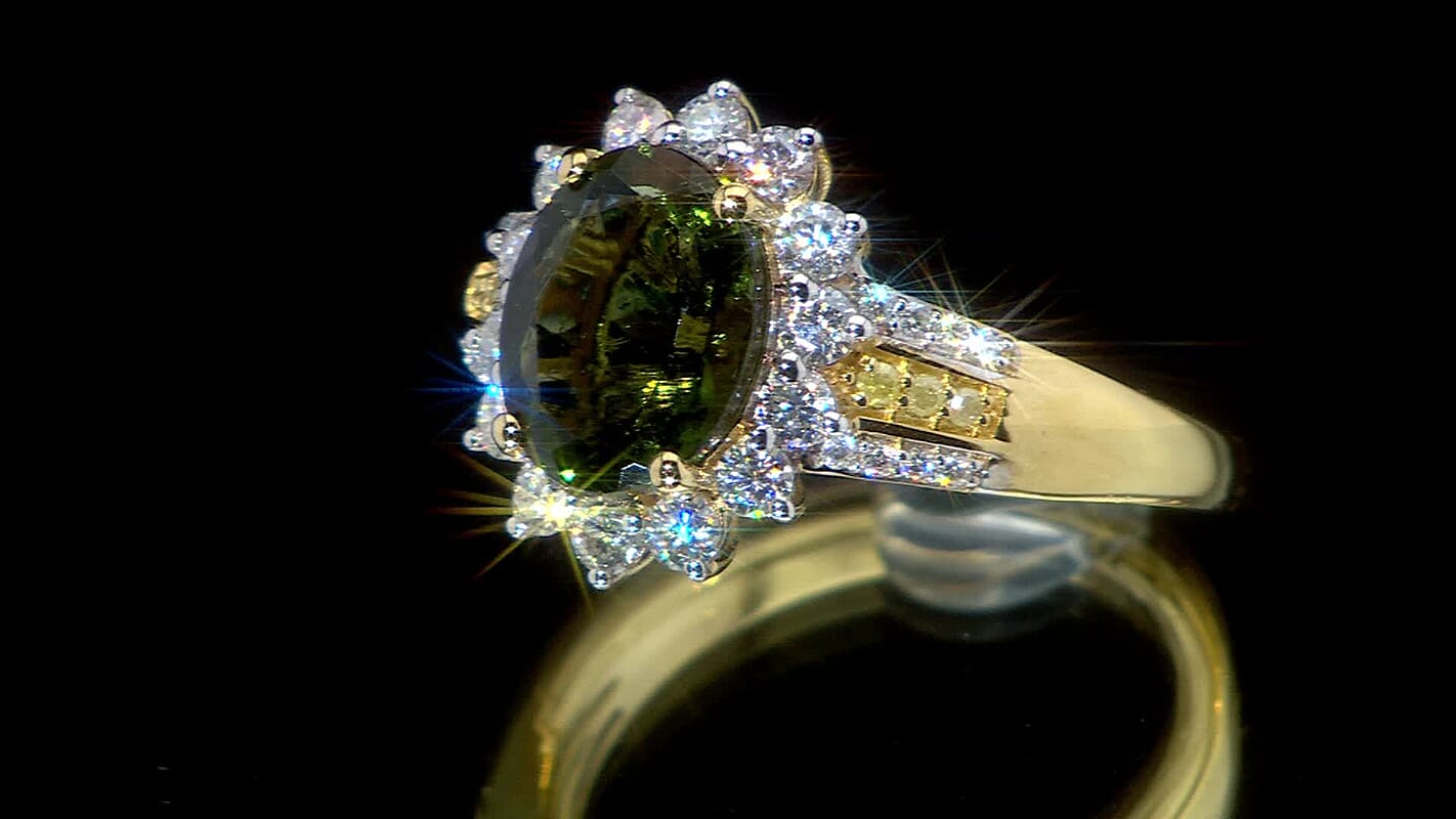 D'Joy Bohemian Moldavite, Moissanite and Natural Yellow Diamond 2.90 ctw Forest Halo Ring in 18K Vermeil Yellow Gold Over Sterling Silver (Size 10.0)