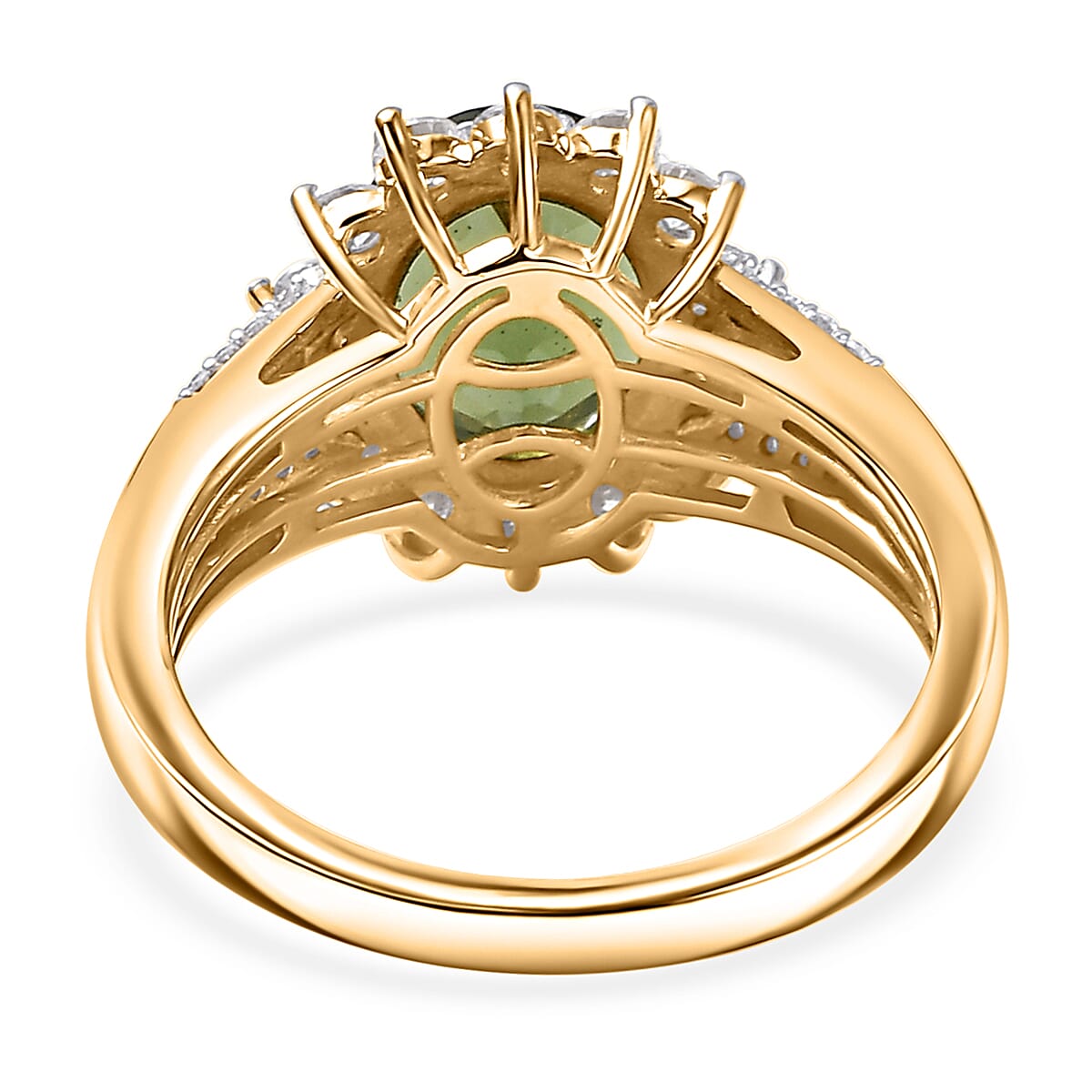 D'Joy Bohemian Moldavite, Moissanite and Natural Yellow Diamond 2.90 ctw Forest Halo Ring in 18K Vermeil Yellow Gold Over Sterling Silver (Size 8.0)