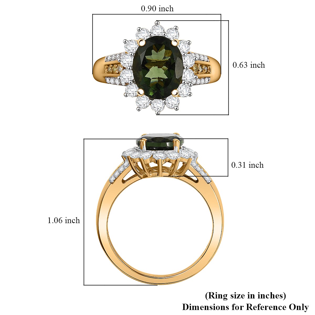 D'Joy Bohemian Moldavite, Moissanite and Natural Yellow Diamond 2.90 ctw Forest Halo Ring in 18K Vermeil Yellow Gold Over Sterling Silver (Size 8.0)