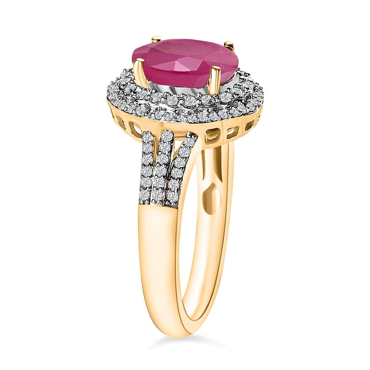Rhapsody AAAA Mozambique Ruby and E-F VS2 Diamond 3.20 ctw Double Halo Ring in 18K Yellow Gold (Size 5.0) 4.60 Grams