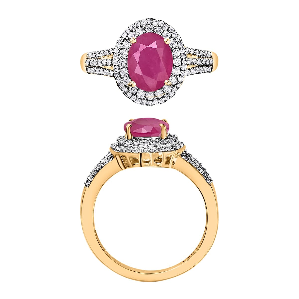 Rhapsody AAAA Mozambique Ruby and E-F VS2 Diamond 3.20 ctw Double Halo Ring in 18K Yellow Gold (Size 5.0) 4.60 Grams image number 3
