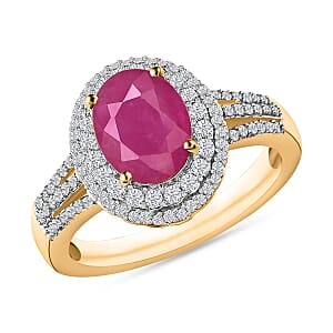 Rhapsody AAAA Mozambique Ruby and E-F VS2 Diamond 2.66 ctw Double Halo Ring in 18K Yellow Gold (Size 5.5) 4.60 Grams