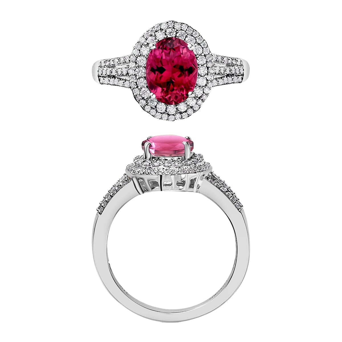 Rhapsody AAAA Ouro Fino Rubellite and E-F VS2 Diamond 3.00 ctw Double Halo Ring in 18K White Gold (Size 8.5) 4.60 Grams (Del. in 10-12 Days) image number 2