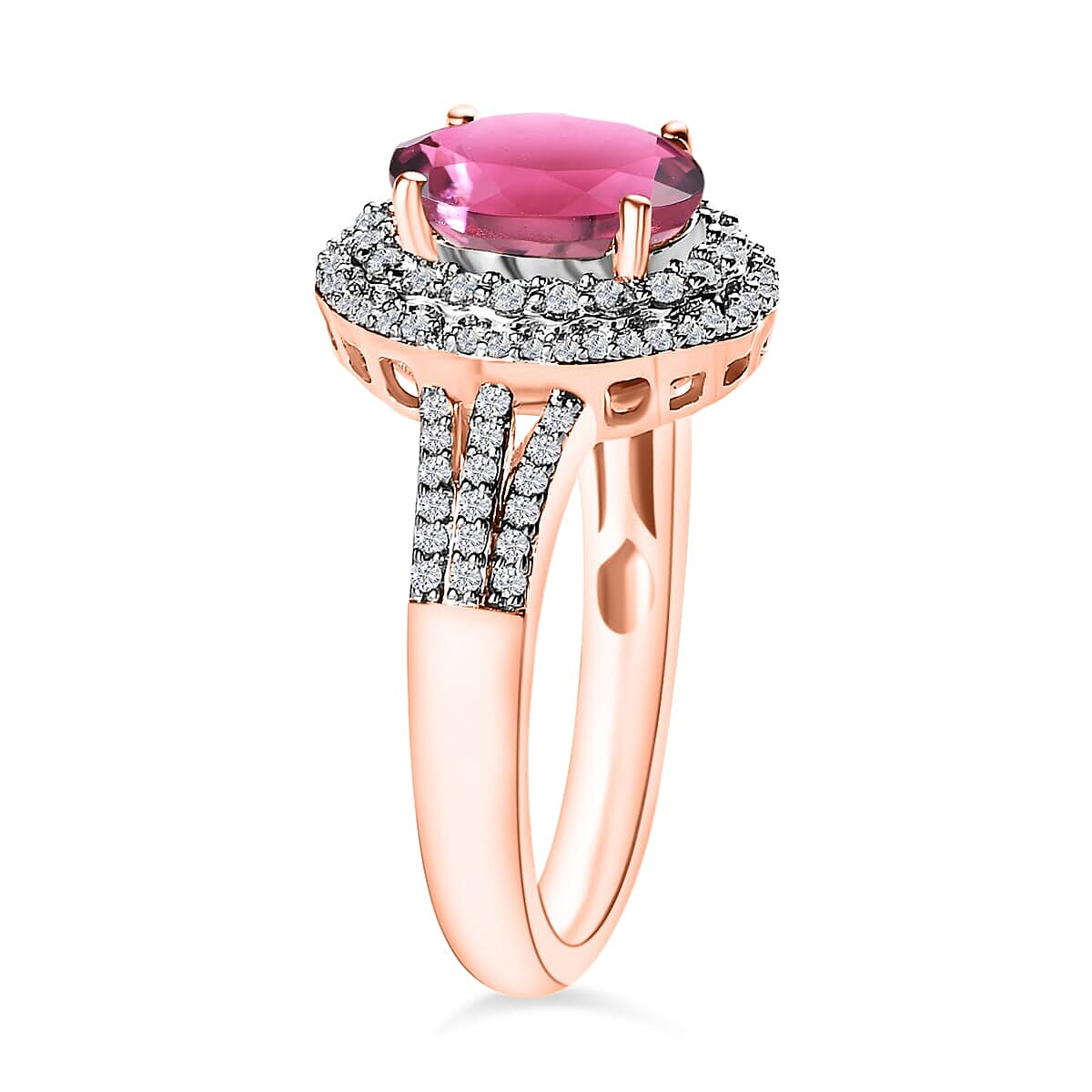 Rhapsody AAAA Ouro Fino Rubellite and E-F VS2 Diamond 3.00 ctw Double Halo Ring in 18K Rose Gold (Size 7.5) 4.60 Grams (Del. in 10-12 Days) image number 2