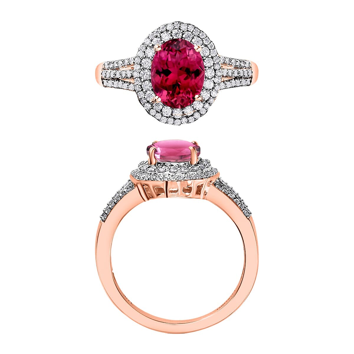 Rhapsody AAAA Ouro Fino Rubellite and E-F VS2 Diamond 3.00 ctw Double Halo Ring in 18K Rose Gold (Size 7.5) 4.60 Grams (Del. in 10-12 Days) image number 3