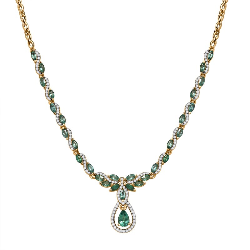 D'Joy Premium Kagem Zambian Emerald and White Zircon 3.90 ctw Whispering Leaves Necklace in 18K Vermeil Yellow Gold Over Sterling Silver 18 Inches