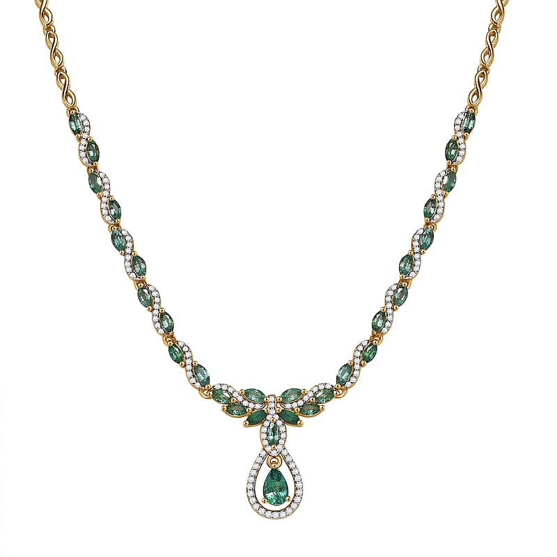D'Joy Premium Kagem Zambian Emerald and White Zircon 3.90 ctw Whispering Leaves Necklace in 18K Vermeil Yellow Gold Over Sterling Silver 18 Inches
