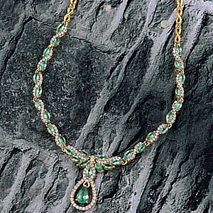 D'Joy Premium Kagem Zambian Emerald and White Zircon 3.90 ctw Whispering Leaves Necklace in 18K Vermeil Yellow Gold Over Sterling Silver 18 Inches