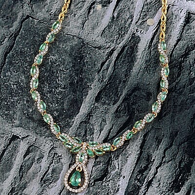 D'Joy Premium Kagem Zambian Emerald and White Zircon 3.90 ctw Whispering Leaves Necklace in 18K Vermeil Yellow Gold Over Sterling Silver 18 Inches