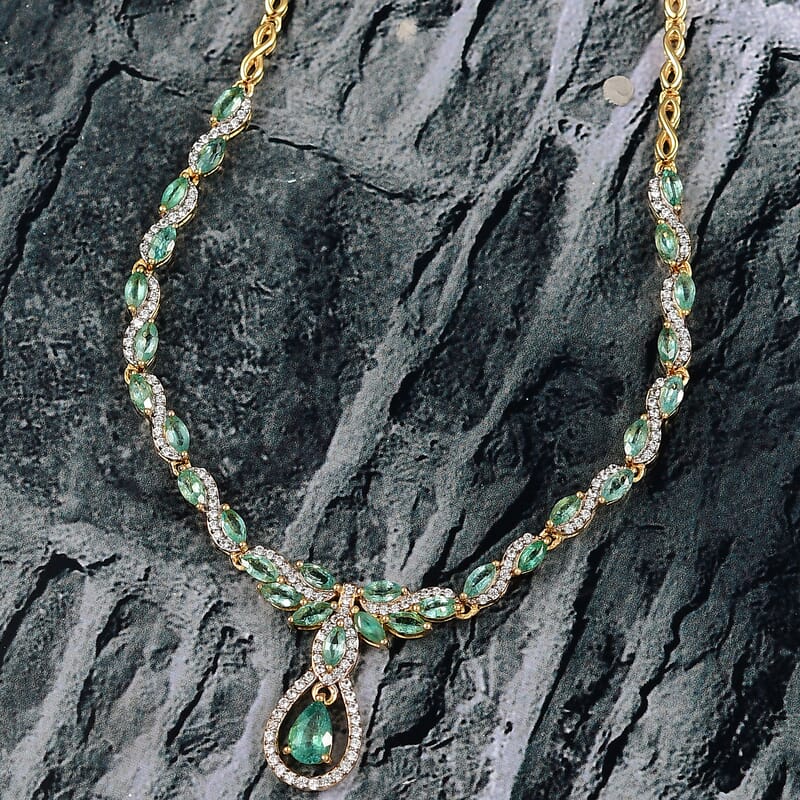 D'Joy Premium Kagem Zambian Emerald and White Zircon 3.90 ctw Whispering Leaves Necklace in 18K Vermeil Yellow Gold Over Sterling Silver 18 Inches