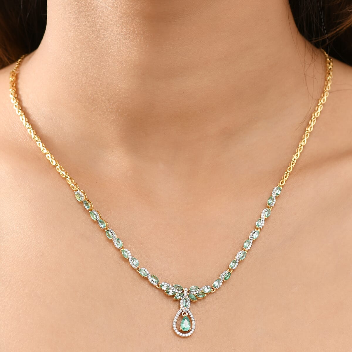 D'Joy Premium Kagem Zambian Emerald and White Zircon 3.90 ctw Whispering Leaves Necklace in 18K Vermeil Yellow Gold Over Sterling Silver 18 Inches image number 2
