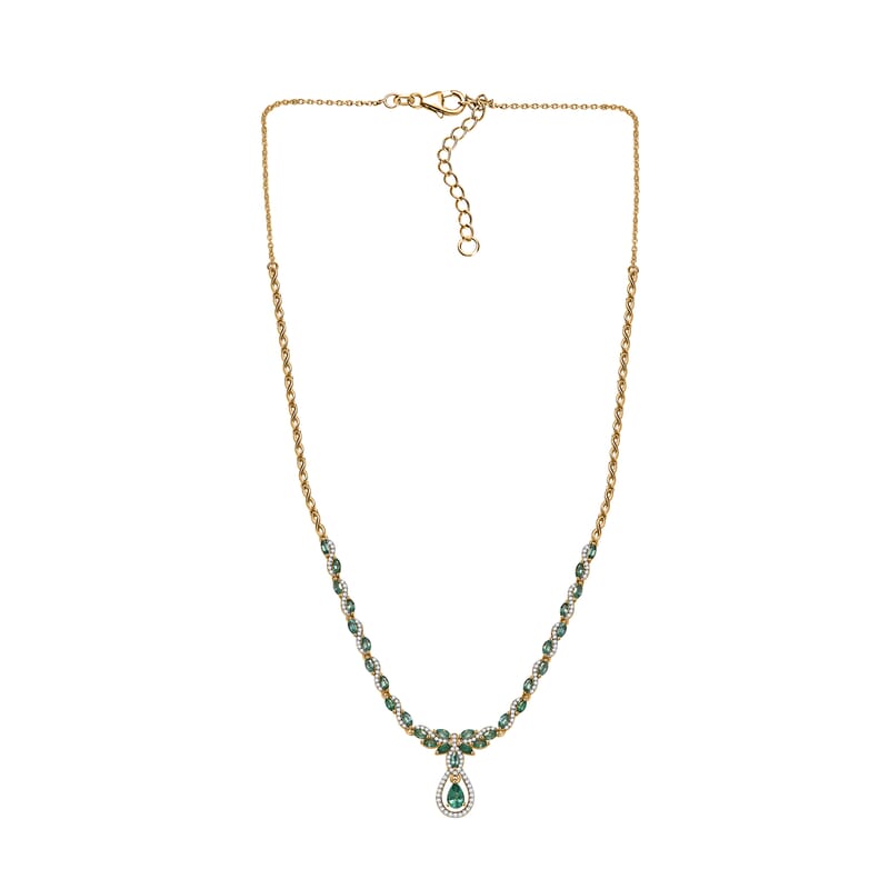 D'Joy Premium Kagem Zambian Emerald and White Zircon 3.90 ctw Whispering Leaves Necklace in 18K Vermeil Yellow Gold Over Sterling Silver 18 Inches