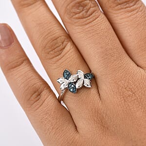 D'Joy Blue Diamond 0.10 ctw Floral Ring in Rhodium Over Sterling Silver (Size 6.0)