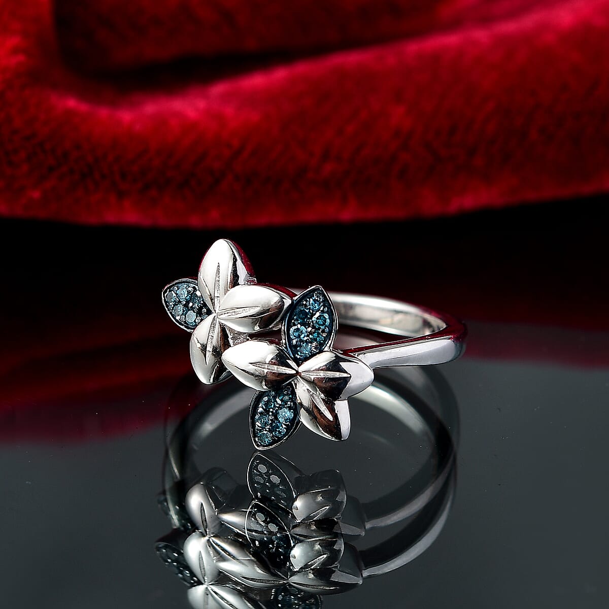 D'Joy Blue Diamond 0.10 ctw Floral Ring in Rhodium Over Sterling Silver (Size 7.0) image number 1