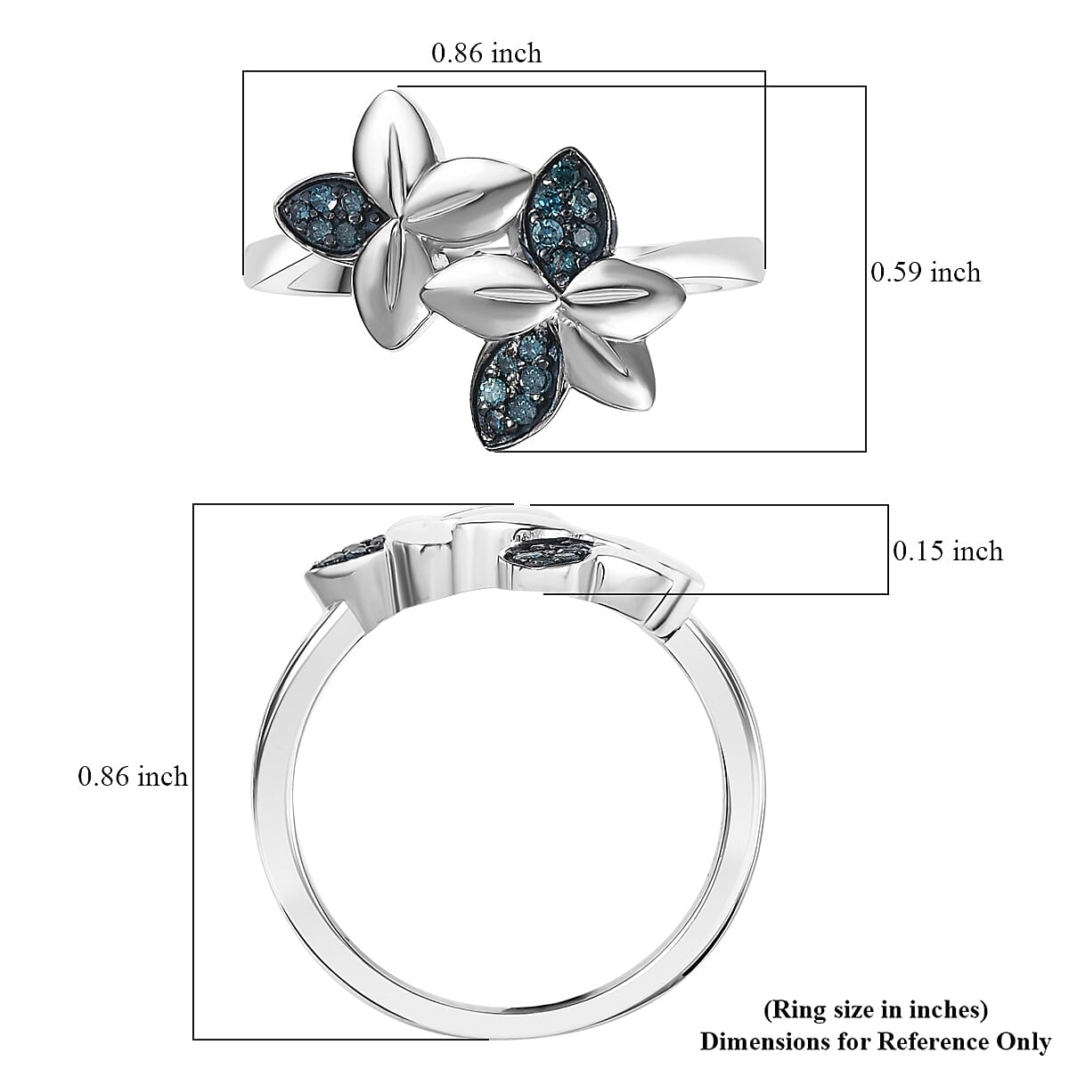 D'Joy Blue Diamond 0.10 ctw Floral Ring in Rhodium Over Sterling Silver (Size 7.0) image number 5
