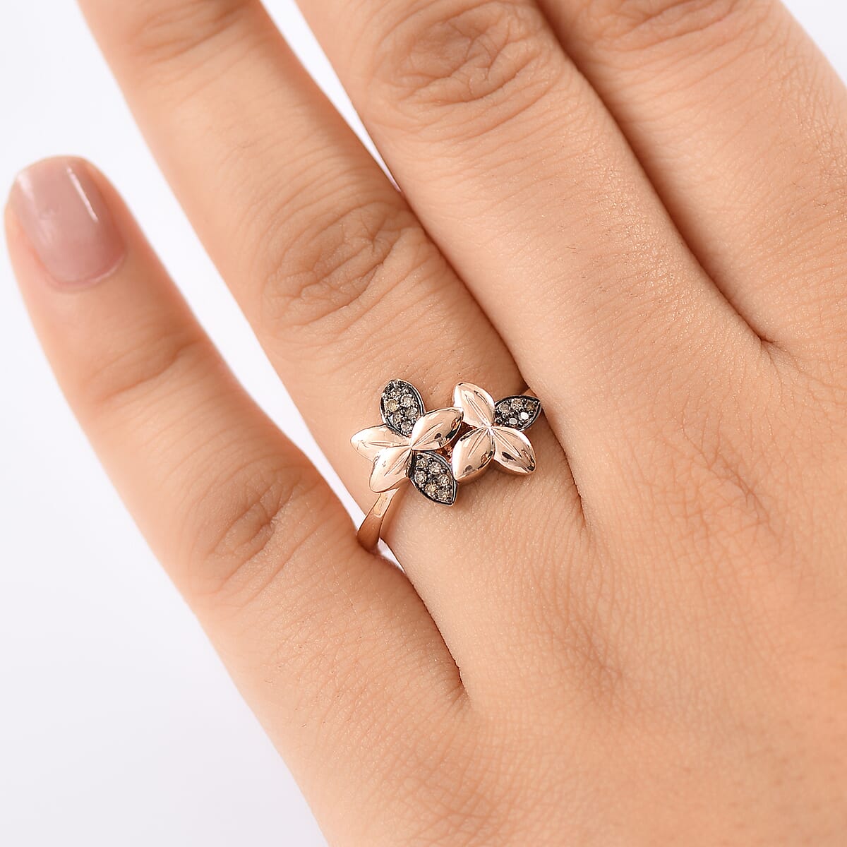 D'Joy Natural Champagne Diamond 0.10 ctw Floral Ring in 18K Vermeil Rose Gold Over Sterling Silver (Size 8.0) image number 2
