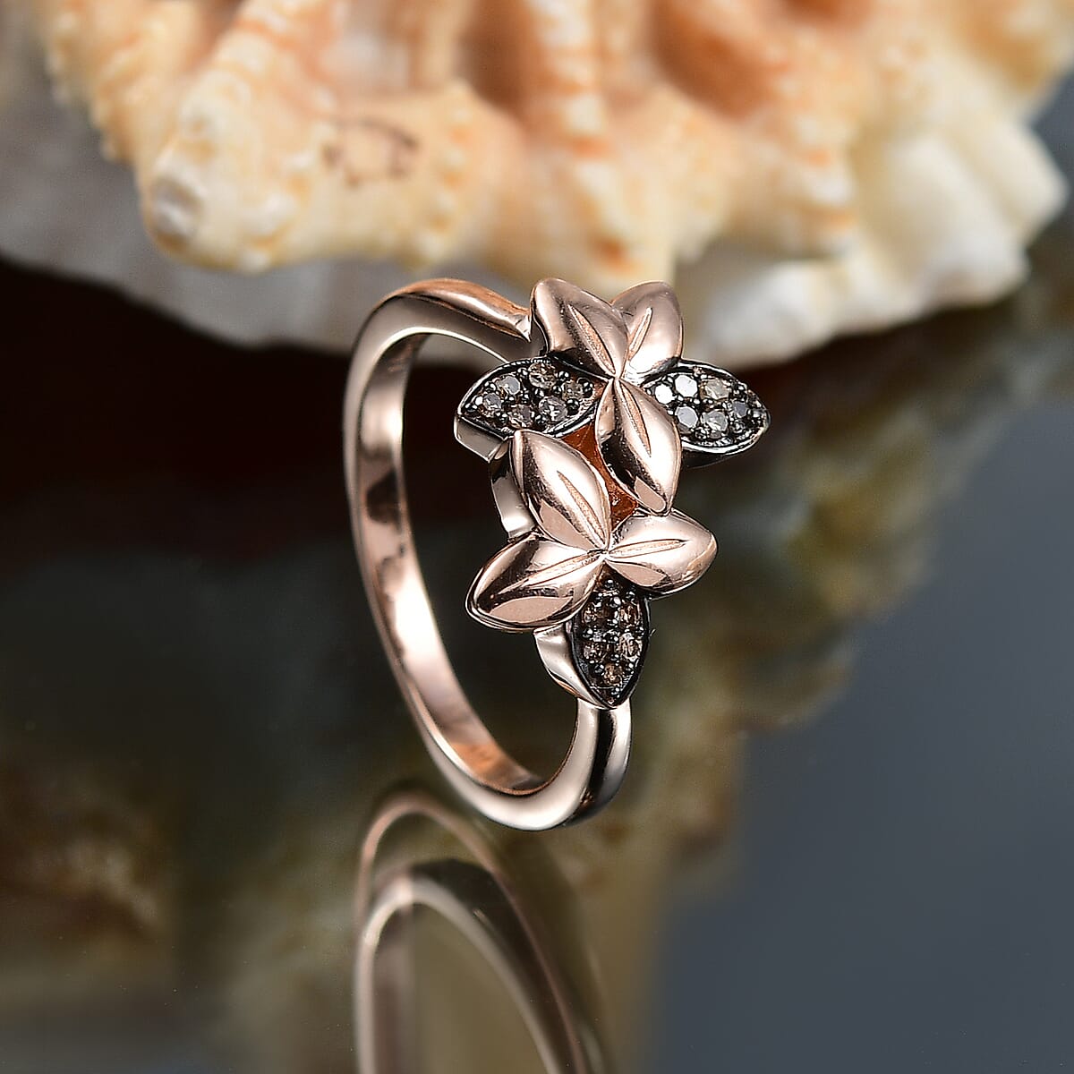 D'Joy Natural Champagne Diamond 0.10 ctw Floral Ring in 18K Vermeil Rose Gold Over Sterling Silver (Size 9.0) image number 1