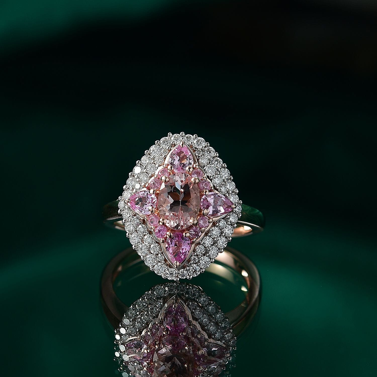 D'Joy Premium Pink Morganite and Multi Gemstone 2.25 ctw Garden Majesty Ring in 18K Vermeil Rose Gold Over Sterling Silver (Size 6.0) 
