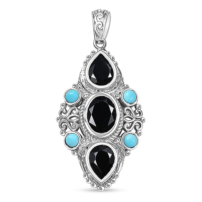 Karis Thai Black Spinel and Sleeping Beauty Turquoise 5.60 ctw Starlit Ocean Pendant without Chain in Platinum Bond