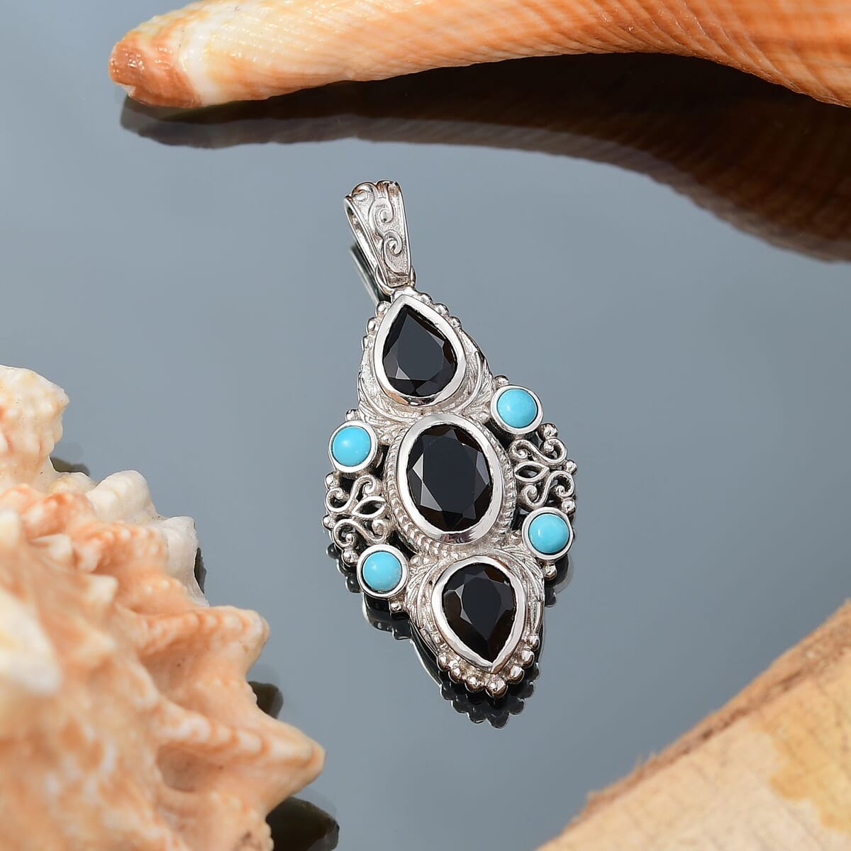 Karis Thai Black Spinel and Sleeping Beauty Turquoise 5.60 ctw Starlit Ocean Pendant without Chain in Platinum Bond  image number 1