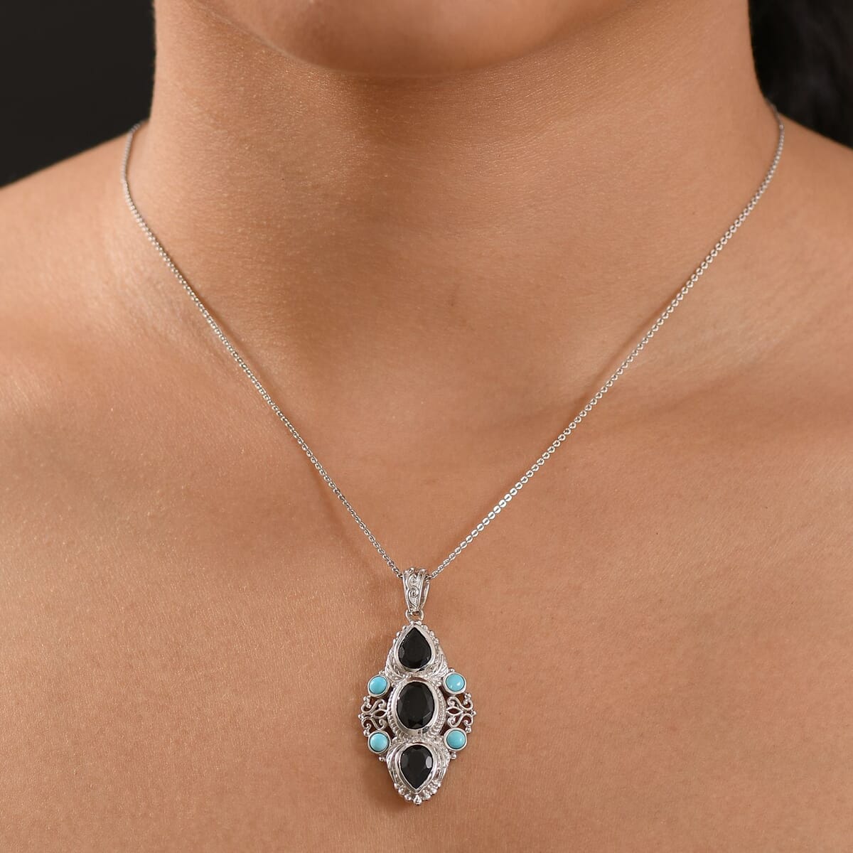 Karis Thai Black Spinel and Sleeping Beauty Turquoise 5.60 ctw Starlit Ocean Pendant without Chain in Platinum Bond  image number 2