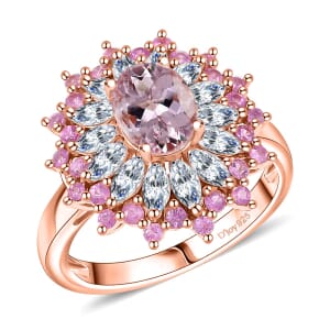 D'Joy Premium Pink Morganite and Multi Gemstone 2.70 ctw Rose Sunburst Ring in 18K Vermeil Rose Gold Over Sterling Silver (Size 10.0)