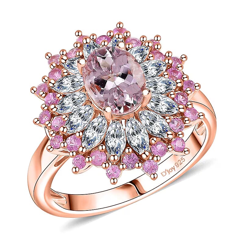 D'Joy Premium Pink Morganite and Multi Gemstone 2.70 ctw Rose Sunburst Ring in 18K Vermeil Rose Gold Over Sterling Silver (Size 10.0)