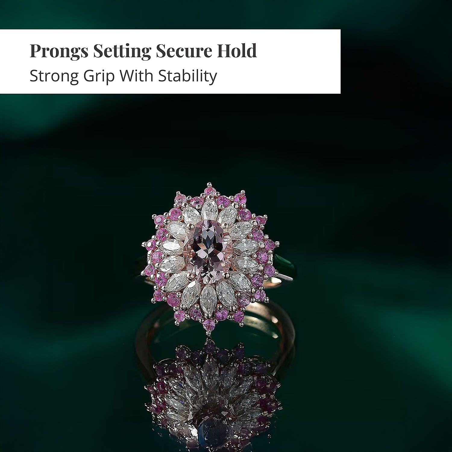 D'Joy Premium Pink Morganite and Multi Gemstone 2.70 ctw Rose Sunburst Ring in 18K Vermeil Rose Gold Over Sterling Silver (Size 10.0)
