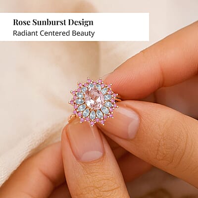 D'Joy Premium Pink Morganite and Multi Gemstone 2.70 ctw Rose Sunburst Ring in 18K Vermeil Rose Gold Over Sterling Silver (Size 10.0)