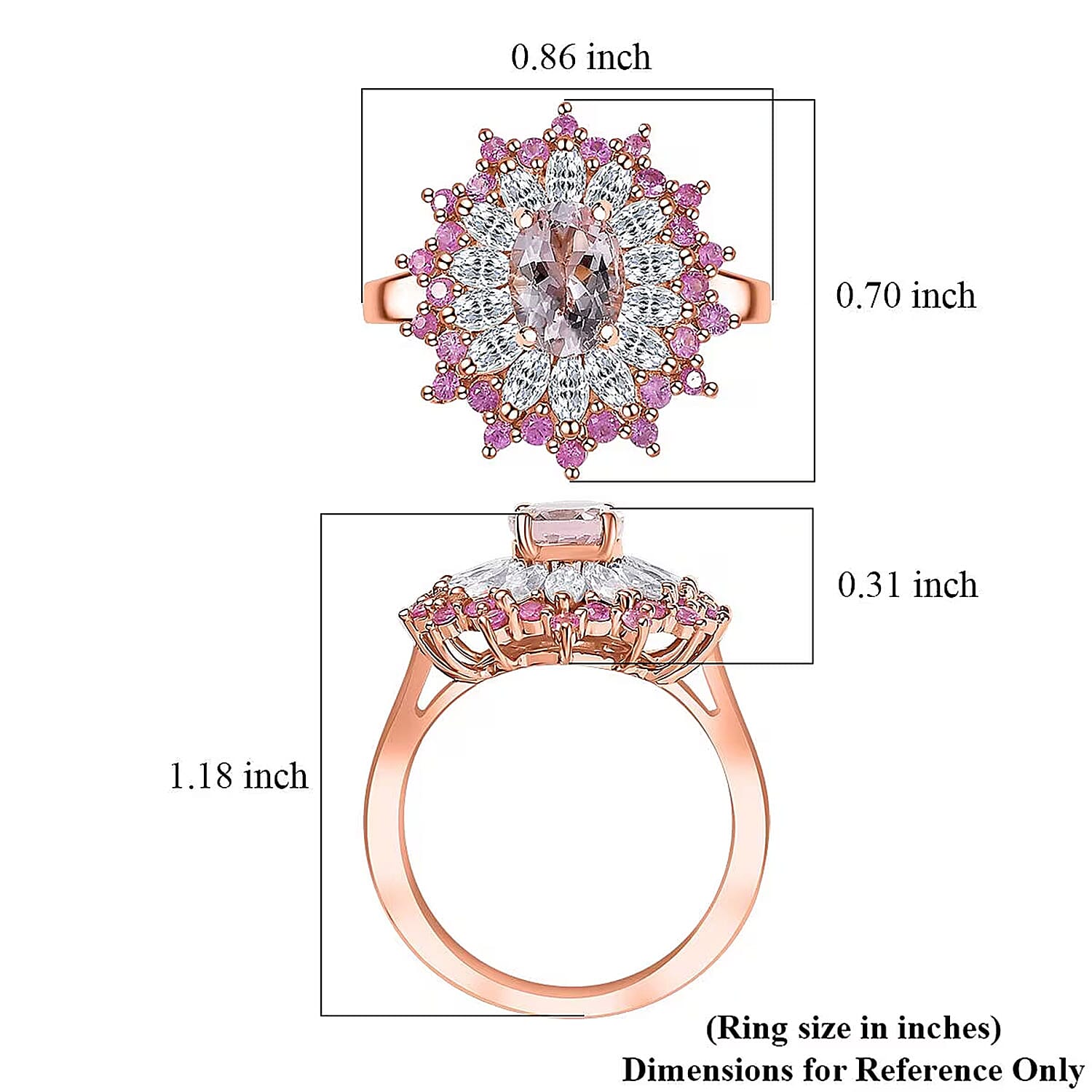 D'Joy Premium Pink Morganite and Multi Gemstone 2.70 ctw Rose Sunburst Ring in 18K Vermeil Rose Gold Over Sterling Silver (Size 10.0)